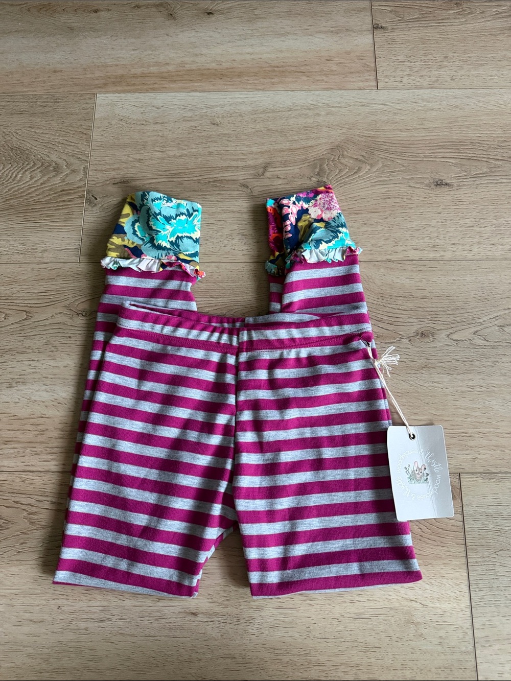 Pink & Gray Striped Girls' Knit Shorts with Floral Ruffle Straps size 8 years